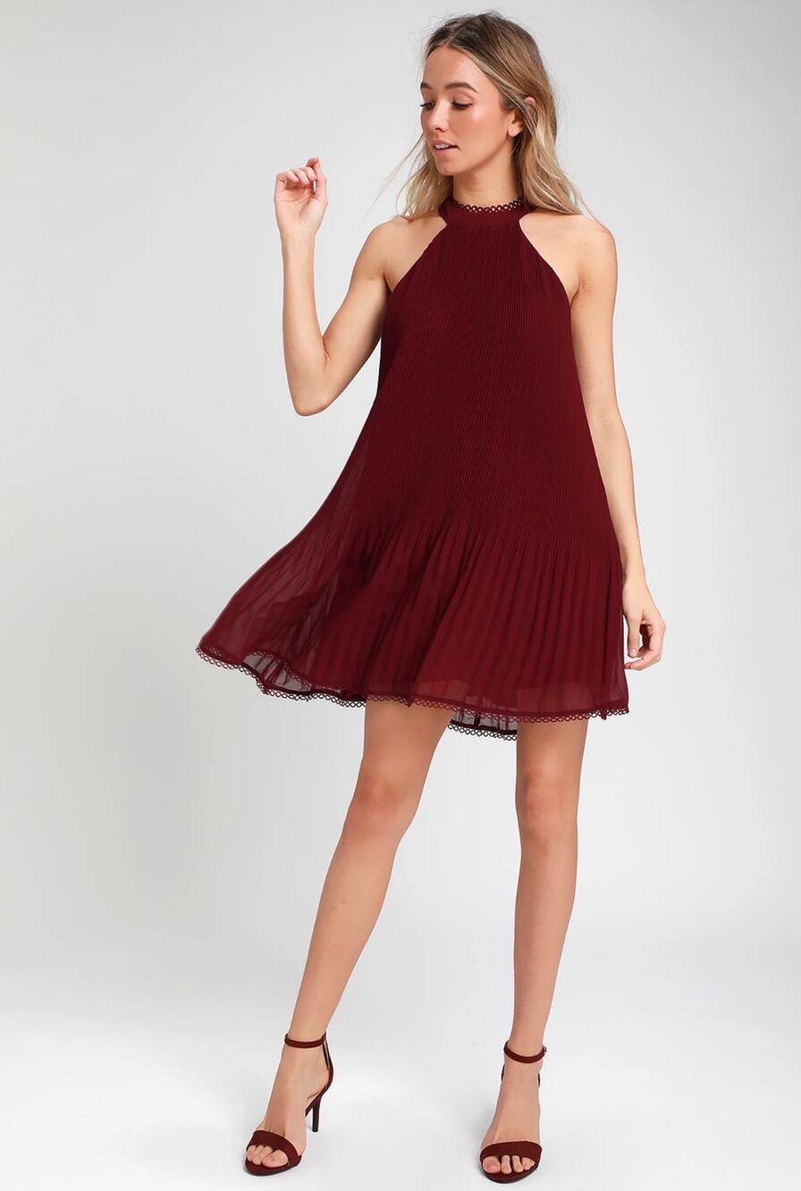 Lulus Burgundy Pleated Halter Mini Dress Ruffle Swing Party Cocktail Small